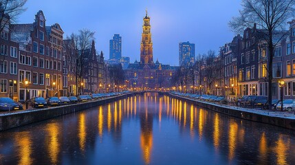 Obraz premium Amsterdam canal at twilight, buildings, tower reflection.