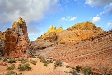 Fototapeta premium Colorful, Red Orange Rock Formations, Sandstone Rock, Hiking Trail, White Dome Trail, Valley of Fire State Park, Mojave Desert, Nevada, USA, North America