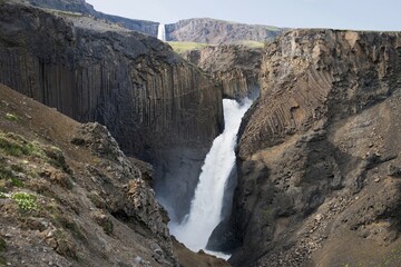 Waterfall Litlanesfoss between basalt columns, Egilsstaðir, Austurland, Iceland, Europe