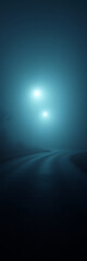 Obraz premium A mysterious, cinematic night scene where an intense headlight glare pierces through thick fog on an empty road, creating an eerie and dramatic atmosphere.