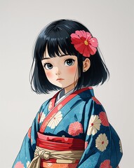 Fototapeta premium child female shy short black hair traditional kimono anime style on plain white background