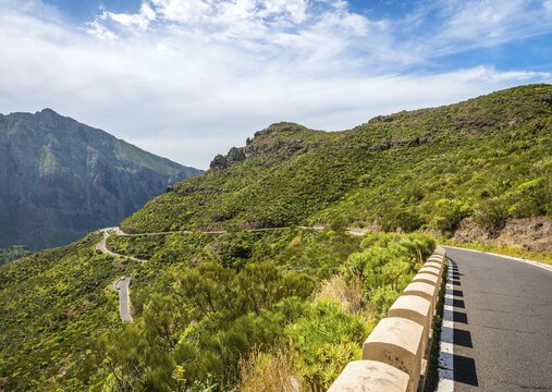 View of the Teno Mountains and Barranco de Masca, Masca Gorge, winding mountain road, Parque Rural de Teno, Tenerife, Canary Islands, Spain, Europe