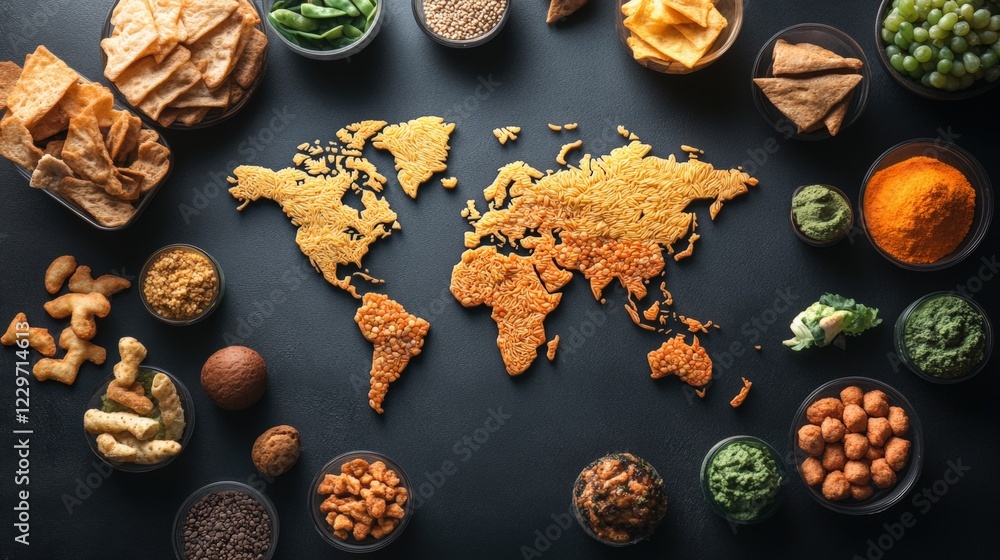 Poster world map created using various types of food items on a wooden surface