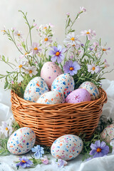 Easter Basket with Painted Eggs and Spring Flowers Arrangement