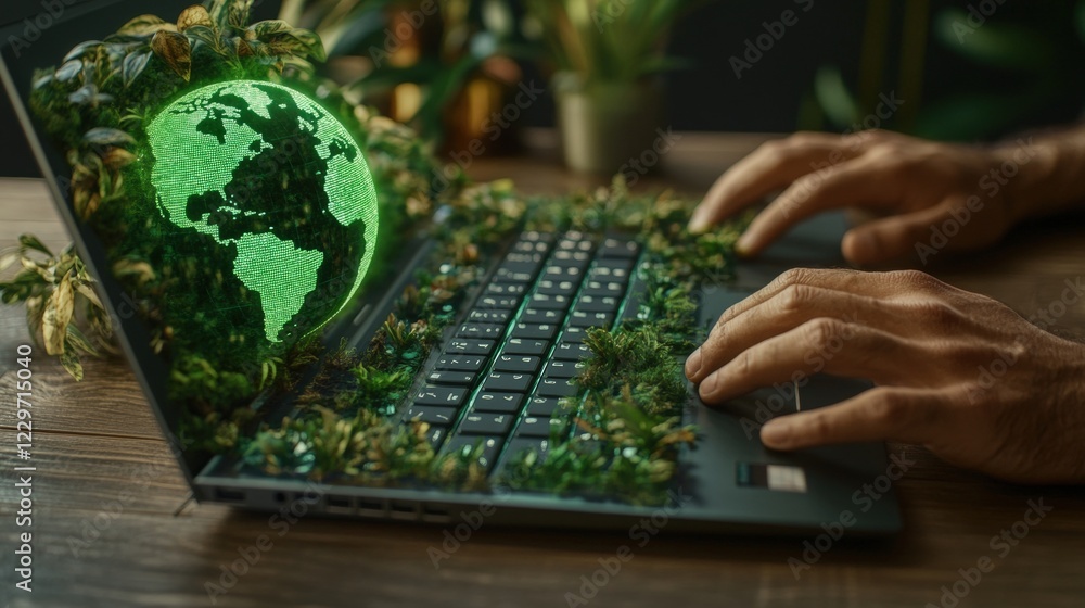 Poster person typing on a laptop with a green globe placed on the keyboard representing global communicatio