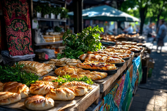 Outdoor Bosnian market with fresh pastries, borek and herbs in warm sunlight, Bosnia and Herzegovina Independence Day - Powered by Adobe