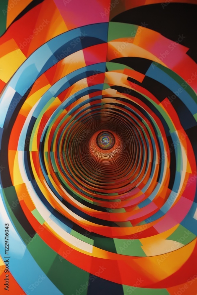 Poster a vibrant abstract spiral pattern with geometric shapes, creating a dynamic optical illusion in a mo