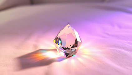 A vibrant and mesmerizing display of rainbow-colored light refractions passing through a perfectly cut crystal prism, creating a spectrum of hues on a soft surface.

