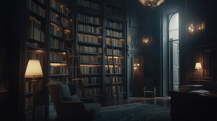 Serene Dark Library with Bookshelves and Ladders