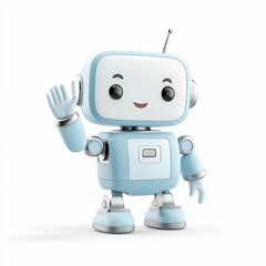 cheerful humanoid robot in pastel blue and silver, waving its hand and showing a happy expression, centered on a clean white background