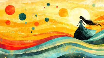 Obraz premium A joyful and playful flat illustration celebrating the International Day of Happiness in Memphis style, featuring happy abstract faces, colorful patterns, and energetic geometric shapes