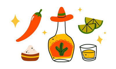 Colorful vintage stickers set of tequila bottle glass with salt on rim, shot with lime slice, vector illustration isolate on white. Doodle hand drawn Mexican drink .