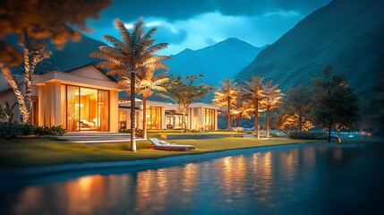 Obraz premium Serene lakeside villa at twilight, showcasing modern architecture and lush palm trees