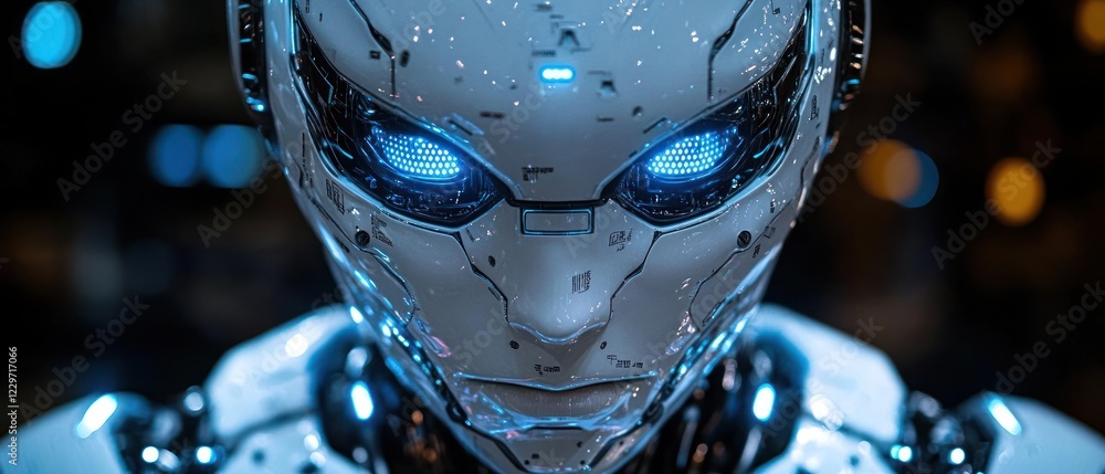 Poster futuristic robot with glowing eyes in high-tech setting