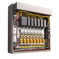 circuit breaker box with an open panel, showing wires and switches, isolated on a clean white background