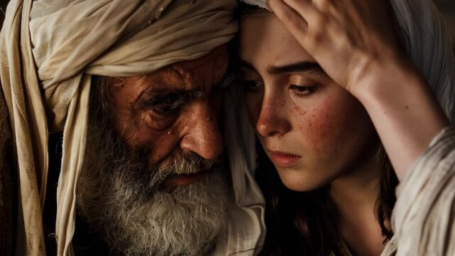 An old man, father, prophet, gives instructions to a young woman, daughter. Comforts in sorrow. Biblical ancient times, peoples of the Middle East. Joseph and Mary, Esther and Mordecai.