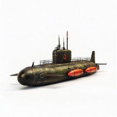 classic military submarine with a conning tower and torpedo tubes, isolated on a clean white background
