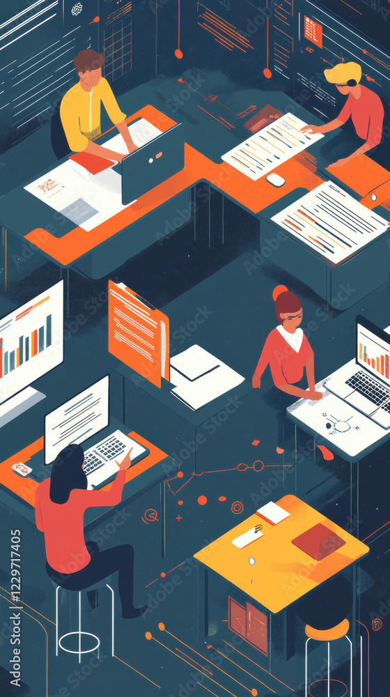 Poster collaborative workspace with individuals engaged in various tasks during a productive workday
