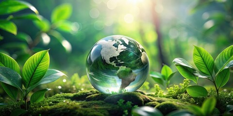 Globe with Earth crystal blending into forest green leaves, botanical scene, leafy greens,  botanical scene