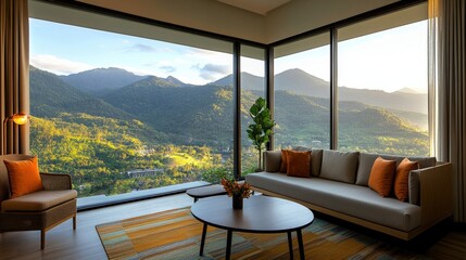 Spacious living room with large windows overlooking scenic mountain landscape and natural light