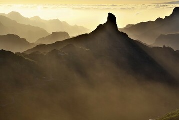 Evening mood, view from Mirador Degollada de Becerra to Roque Bentayga, Gran Canaria, Canary...