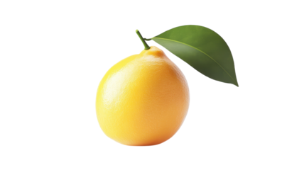 Fresh lemon with vibrant green leaf resting on a clean white surface during bright daylight