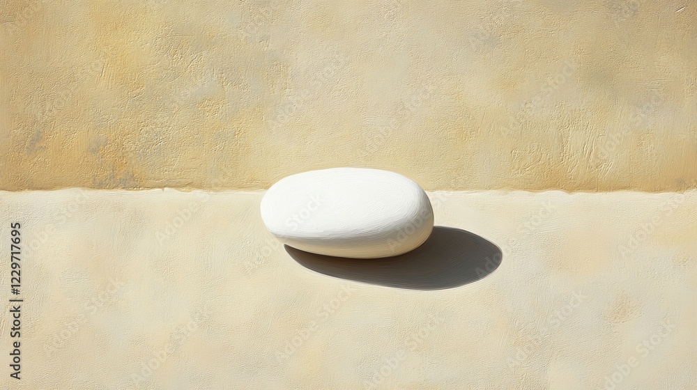 Poster a single white stone on a textured beige surface, casting a soft shadow, creating a minimalist and s