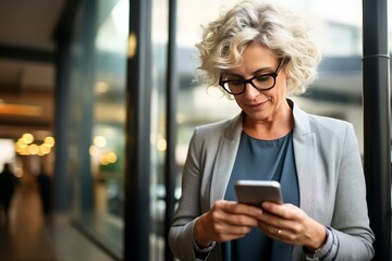 Confident businesswoman using smartphone in modern office building, showcasing connectivity and efficiency in corporate environment