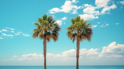 A scenic tropical beach with palm trees and golden hour lighting, showcasing tranquility and beauty. Ideal for travel or vacation themes.