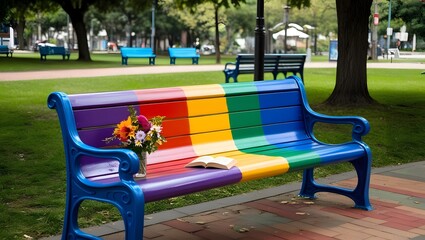 rainbow lgbt bench in park with flowers and book for use in serene or romantic compositions