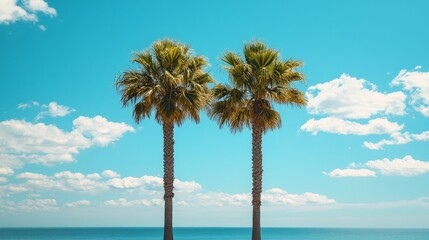 Obraz premium A scenic tropical beach with palm trees and golden hour lighting, showcasing tranquility and beauty. Ideal for travel or vacation themes.