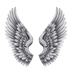 Fototapeta premium Black and White Realistic Angel Wings Vector with Layered Feathers, Symmetrical and Curved, Isolated on White Background