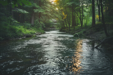 Fototapeta premium A river flowing through a dense forest.