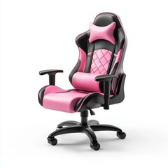 compact gaming chair in black and pink leather with an ergonomic design, isolated on a clean white background