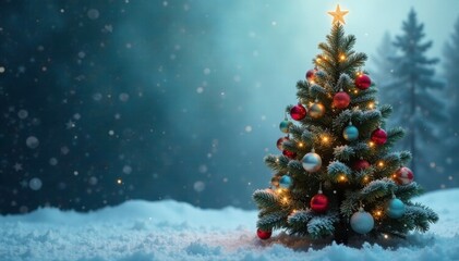 Obraz premium Towering evergreen tree with glass ornaments and sparkling icicles, icicles, winter, Christmas tree