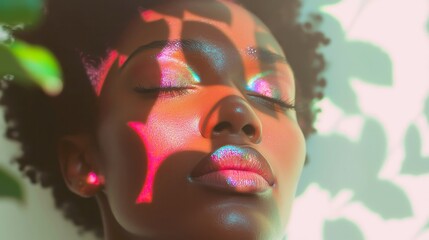 Obraz premium Psychedelic Escape, a Black woman surrounded by vibrant patterns, immersed in a whimsical forest filled with enchanting colors and dreamlike atmospheres.