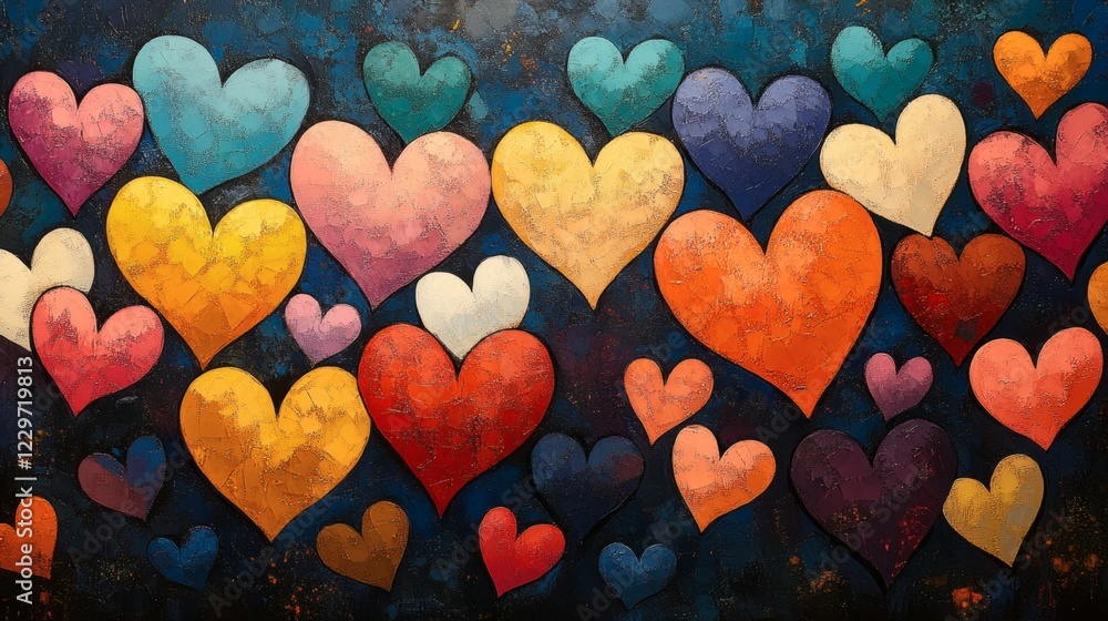 Poster hundreds of cute brightly colored hearts overlapping swirling like waves creating a cheerful and liv