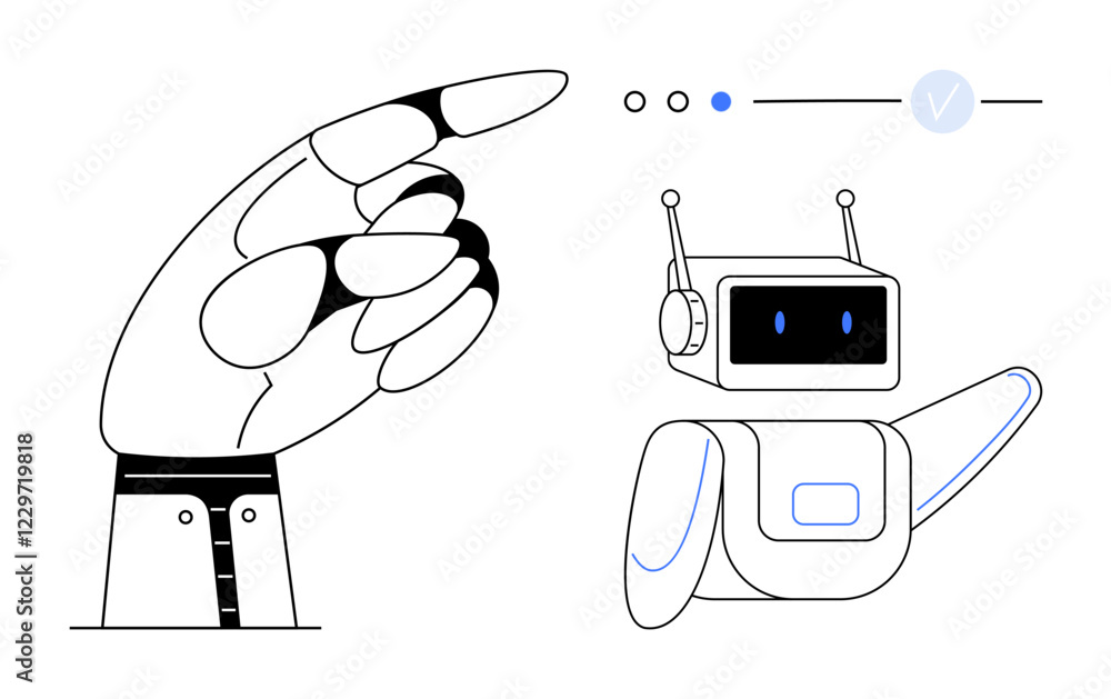 Aufkleber robotic hand pointing at a robot with a screen for a face and an antenna on its head. ideal for ai, 