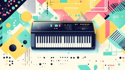 An engaging flat illustration for World Piano Day, featuring a digital keyboard surrounded by modern geometric patterns, vibrant abstract music elements, and a harmonious