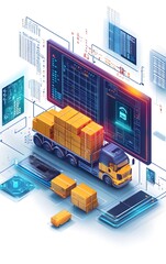 Obraz premium A digital illustration depicting a truck loaded with goods, symbolizing modern logistics and supply chain technology.