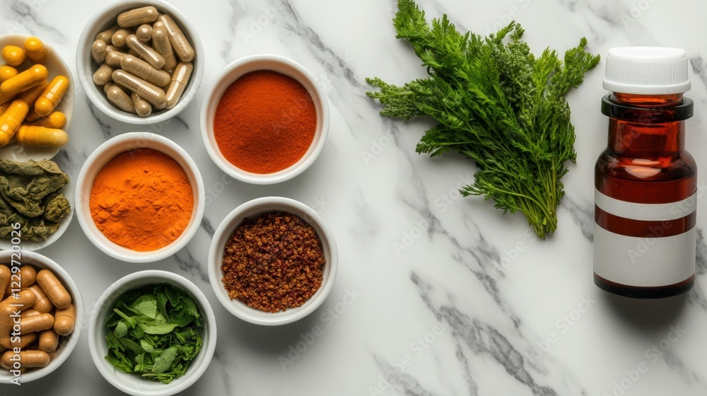 Poster table displaying various bowls filled with colorful spices and fresh herbs for culinary use