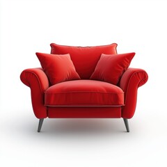Fototapeta premium cozy armchair in bright red fabric with oversized cushions, centered on a clean white background with soft shadows