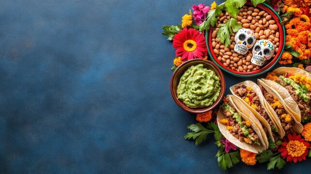 Celebrating day of the dead with tacos colorful flowers and traditional decor vibrant mexican feast
