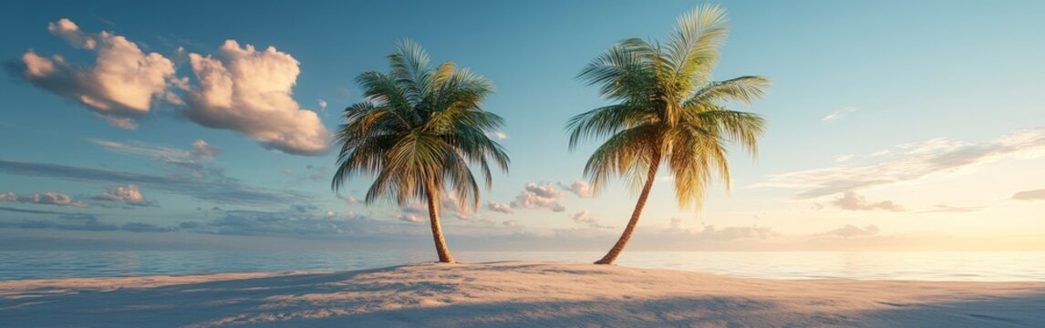 A scenic tropical beach with palm trees and golden hour lighting, showcasing tranquility and beauty. Ideal for travel or vacation themes.