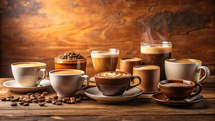 Fototapeta premium Aromatic coffee assortment various coffee drinks in different cups and mugs, including cappuccino, espresso, latte, and macchiato, displayed on a rustic wooden surface with scattered coffee beans.