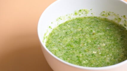 Thai spicy seafood dipping sauce on white bowl