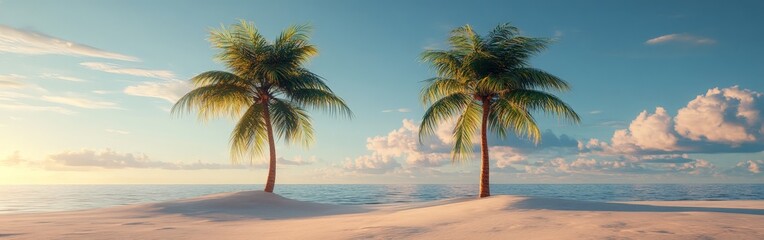 Obraz premium A scenic tropical beach with palm trees and golden hour lighting, showcasing tranquility and beauty. Ideal for travel or vacation themes.
