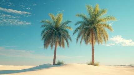 Obraz premium A scenic tropical beach with palm trees and golden hour lighting, showcasing tranquility and beauty. Ideal for travel or vacation themes.