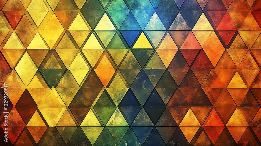 Poster dynamic abstract art featuring colorful triangular patterns in warm hues, perfect for modern design 
