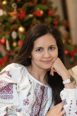 Woman on christmas background. Family christmas concept. Young woman. Smile adult. Happy new year